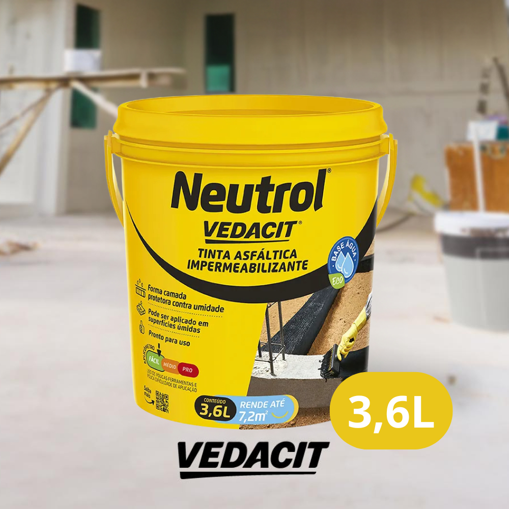 Impermeabilizante Neutrol Tinta Manta Asfáltica Acqua Vedacit 3,6L Obra Pintura Concreto Secagem Rápida Argamassa Veda