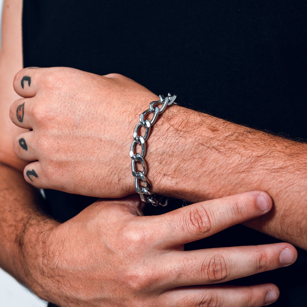 Pulseira Prateada Grossa Rock Moto Masculina Resistente Moderna Punk