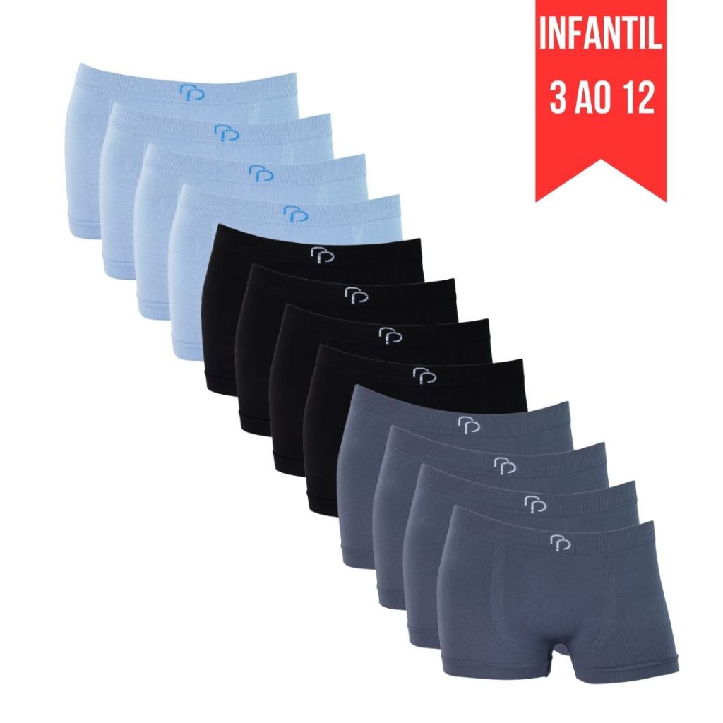 Kit 12 Cuecas Boxer Infantil RP Microfibra Lisa Confortável