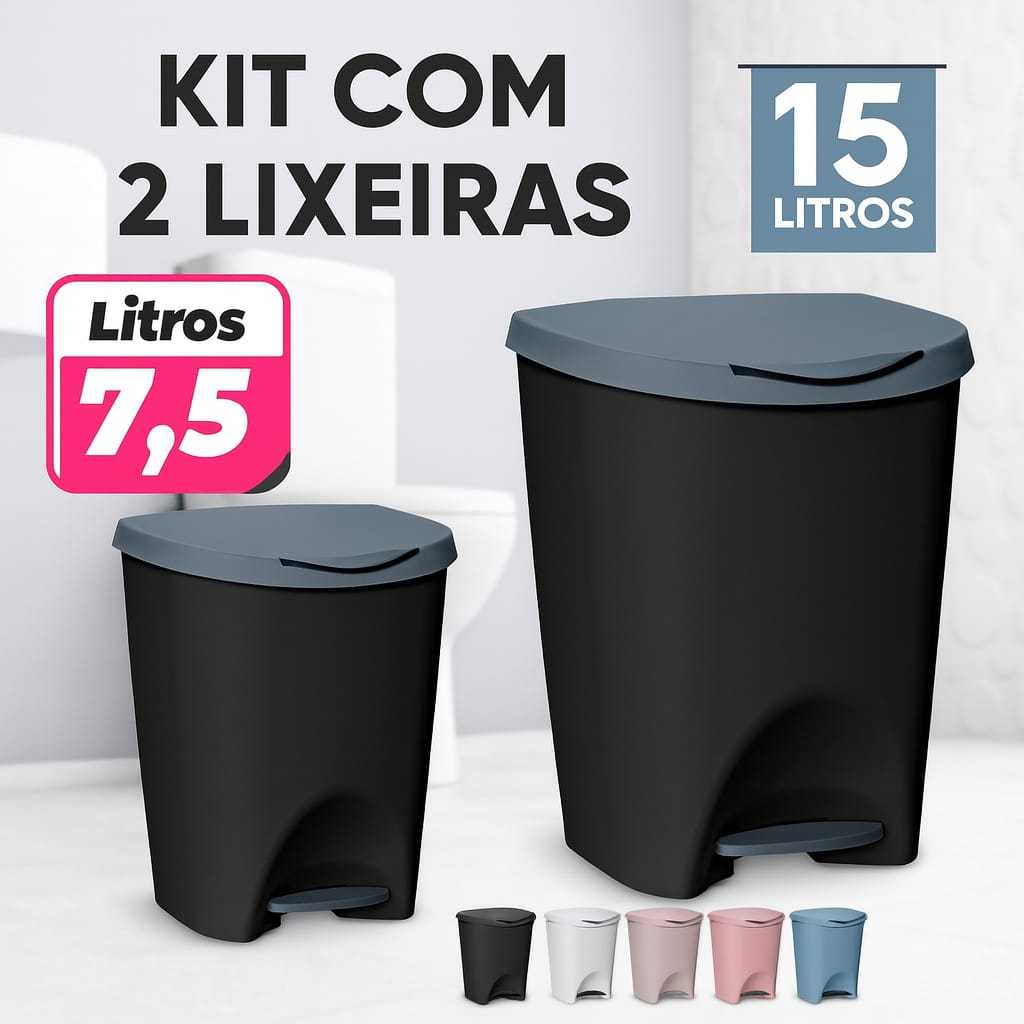 Kit Com 2 Lixeiras Com Pedal 7,5 Litros E 15 Litros Cozinha Banheiro Limpeza Acabamento Polido Varias Cores Resistente em Oferta na Shopee