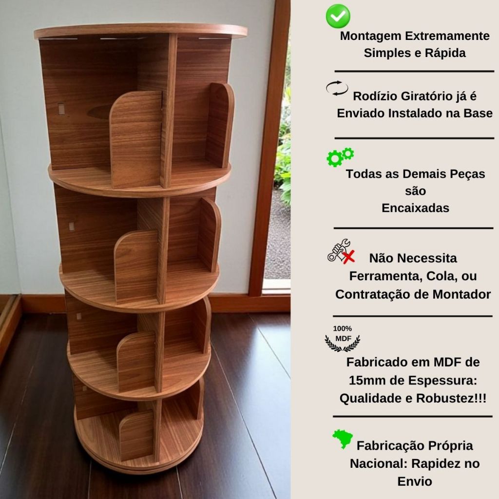 Prateleira Estante Giratória Organizador Rotatório MDF 1.30m 200 Livros