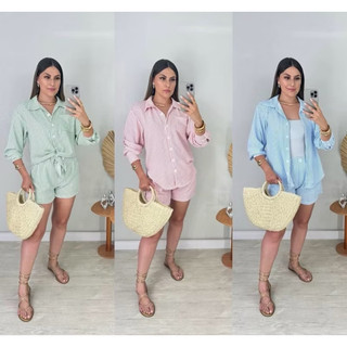 Conjunto Social Listrado Conjunto Camisa listrada e short conjunto social casual elegante casual