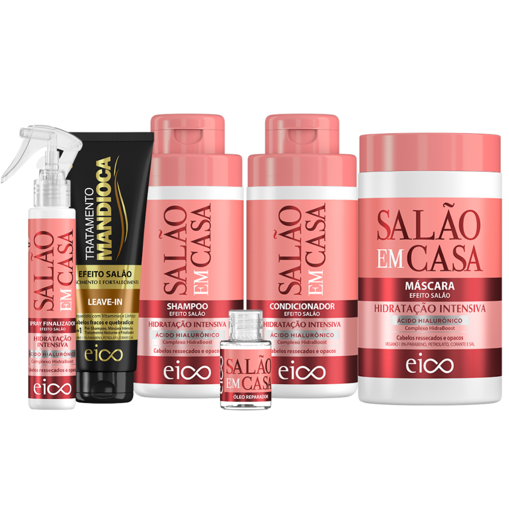 Eico Salão Em Casa Hidratação Intensiva Shampoo e Condicionador 450ml + Máscara 1Kg + Finalizadores Proteção Térmica