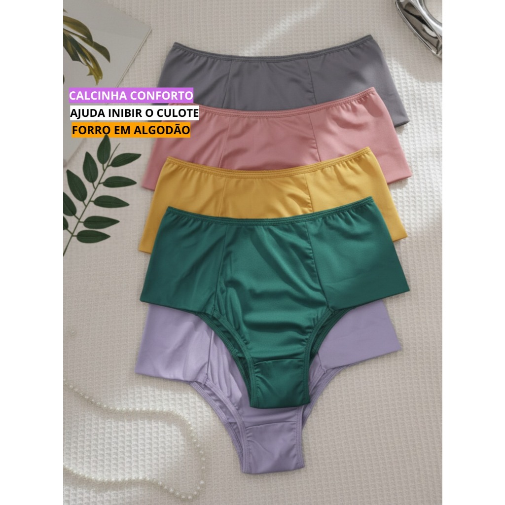 KIT Calcinha Calçola Cintura Alta Microfibra Lisa Redutora Lateral Larga Conforto Lingerie Rebeca