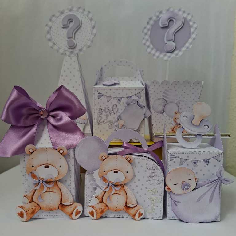 Kit Caixinhas Personalizadas Ursinho Chá Revelção Lilás/Mimos,Lembrancinhas Caixinhas,Infantil,Aniversário,Decoração