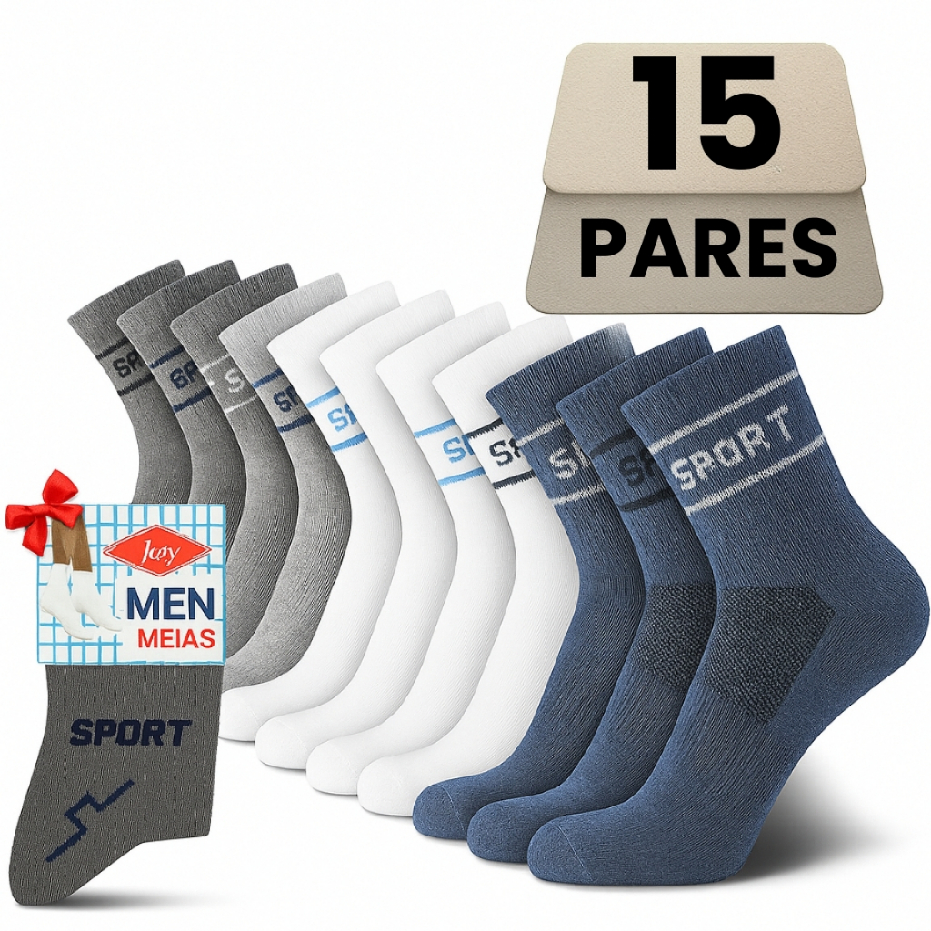 Kit 15 Pares Meia Adulto Masculina Feminina Esportiva Sport Cano Alto Algodão