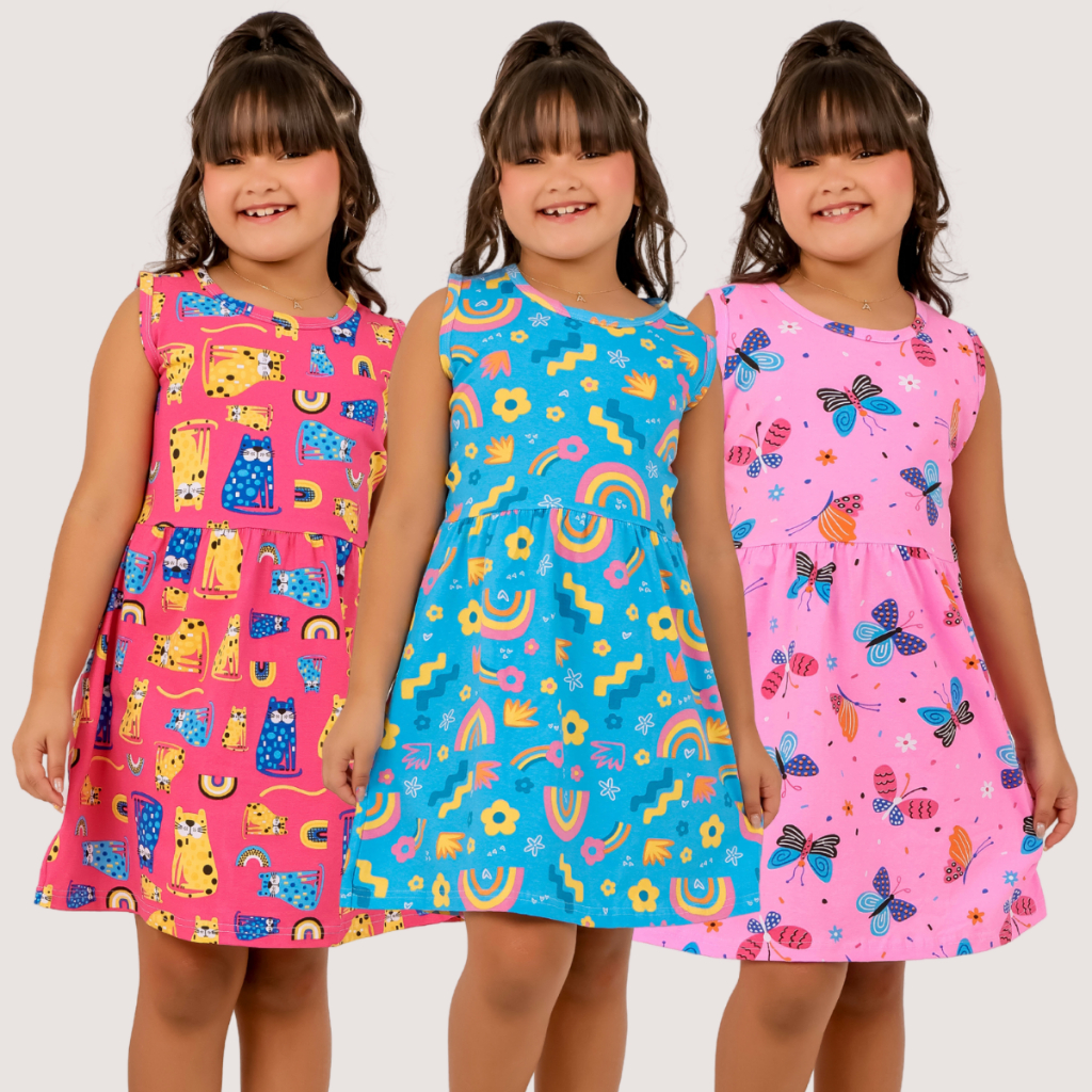 Kit 3 Vestido 4 ao 14 Casual Infantil Soltinho Leve Estilosa Moda Verão Fresquinho Confortável