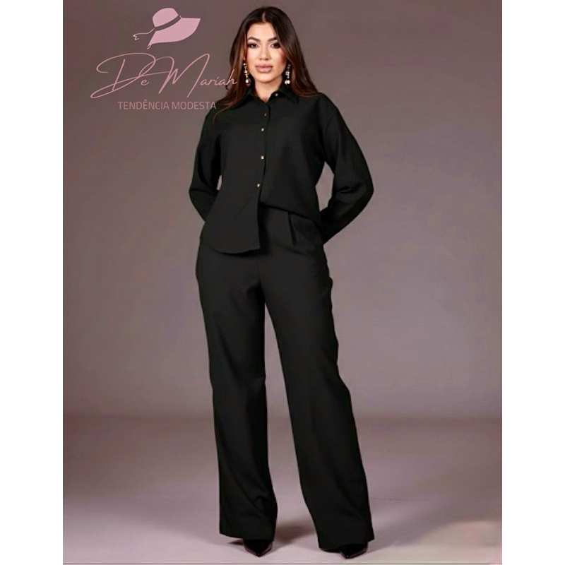 Calça Pantalona e Camisa Feminina Alfaiataria Linho Luxo Moda Social Versátil Boutique Sofisticada