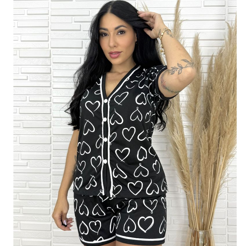 Pijama Feminino Americano Short e Blusa Gola V Com Botões Abertura frontal Malha Confortável Calor em Oferta na Shopee