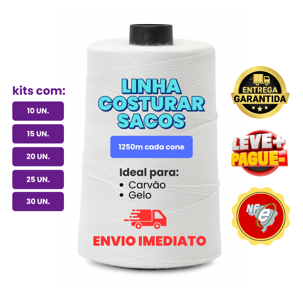 Linha Costurar Saco Ráfia Carvão Gelo 250g Branco Resistente 100% Poliéster 1.250m ENVIO IMEDIATO