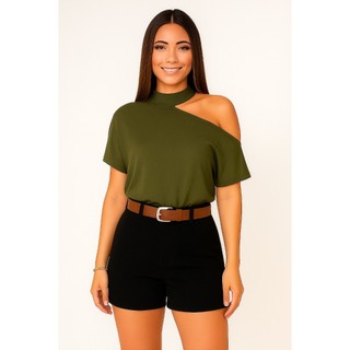 Conjunto Feminino De Short Alfaiataria Acompanha Cinto E Blusa Viscolaycra Abertura Na Manga