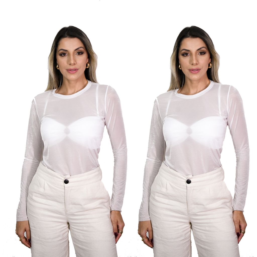 Kit 2 Blusa em Tule Segunda Pele Manga Longa Feminina Transparente leve Brilho Moda Gringa
