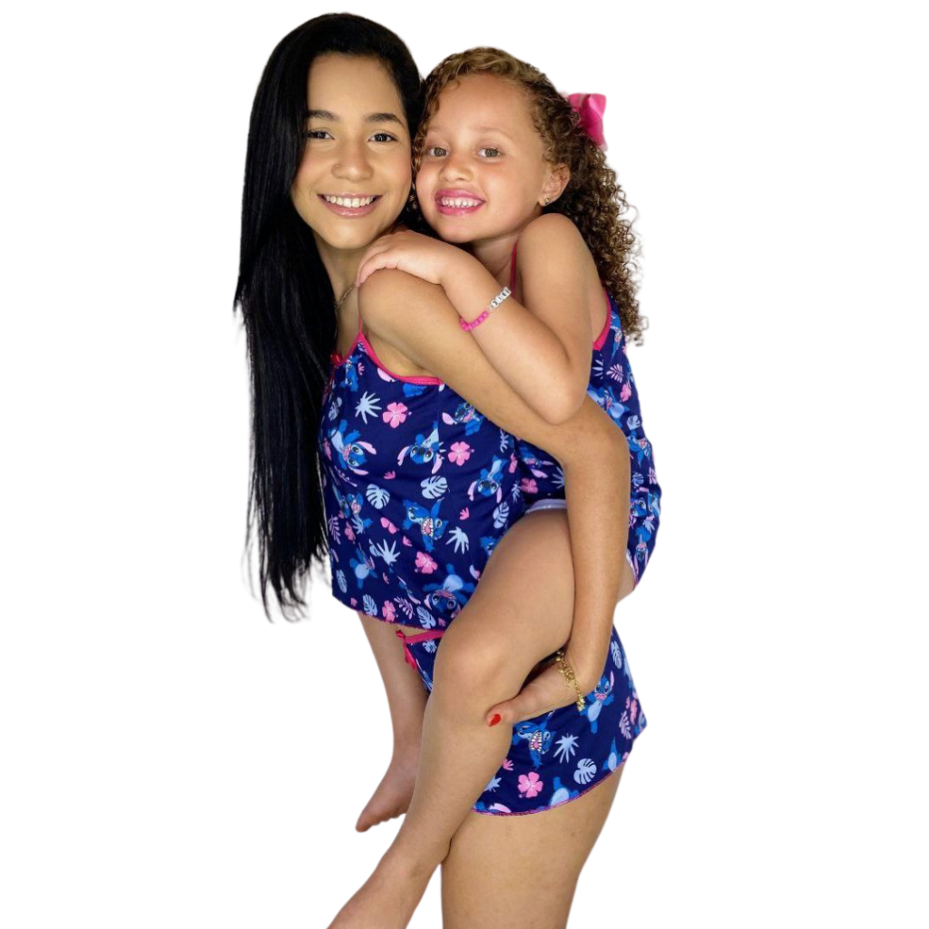 Conjunto Pijama Mãe e Filha Feminino Estampado Stich Personagens Confortável Para Dormir em Oferta na Shopee