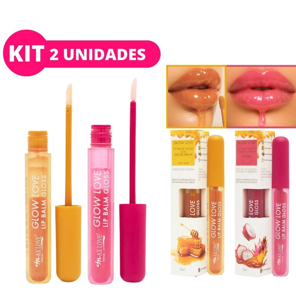 Kit 2 Gloss de Mel Hidratante Labial Brilho Lip Balm Max Love Extrato de Própolis e Pitaya 414 e 421