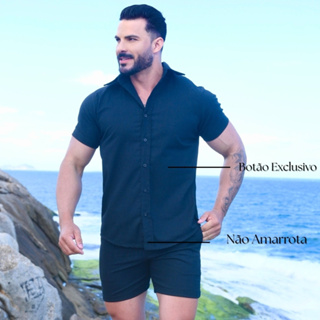 Conjunto de Linho Masculino Premium Camisa Manga Curta e Bermuda Mauricinho Elegante em Oferta na Shopee