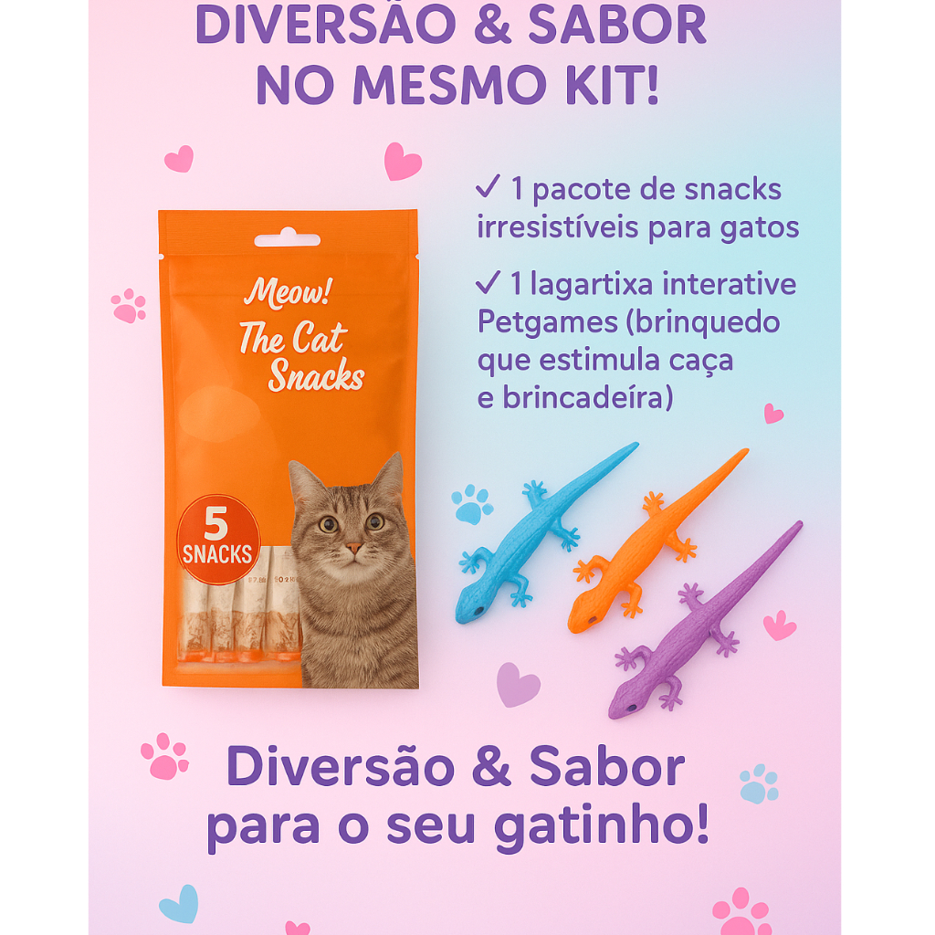 Kit Diversão para gatos Pet games lagartixa mais snacks cremoso para gatos meguis