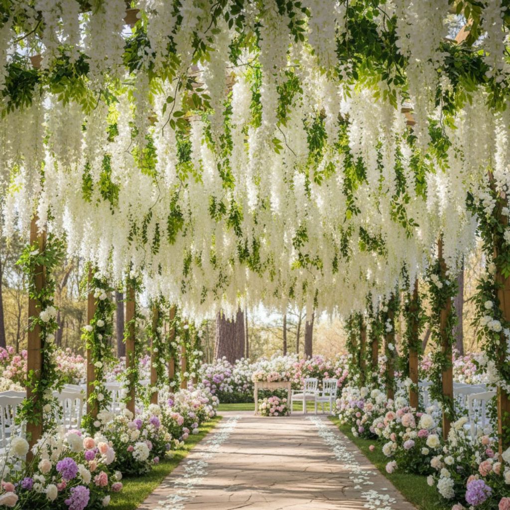 ATACADO Cerejeira Artificial Galho Pendente Longo Planta Glicínia com Flores Decorativas P Eventos
