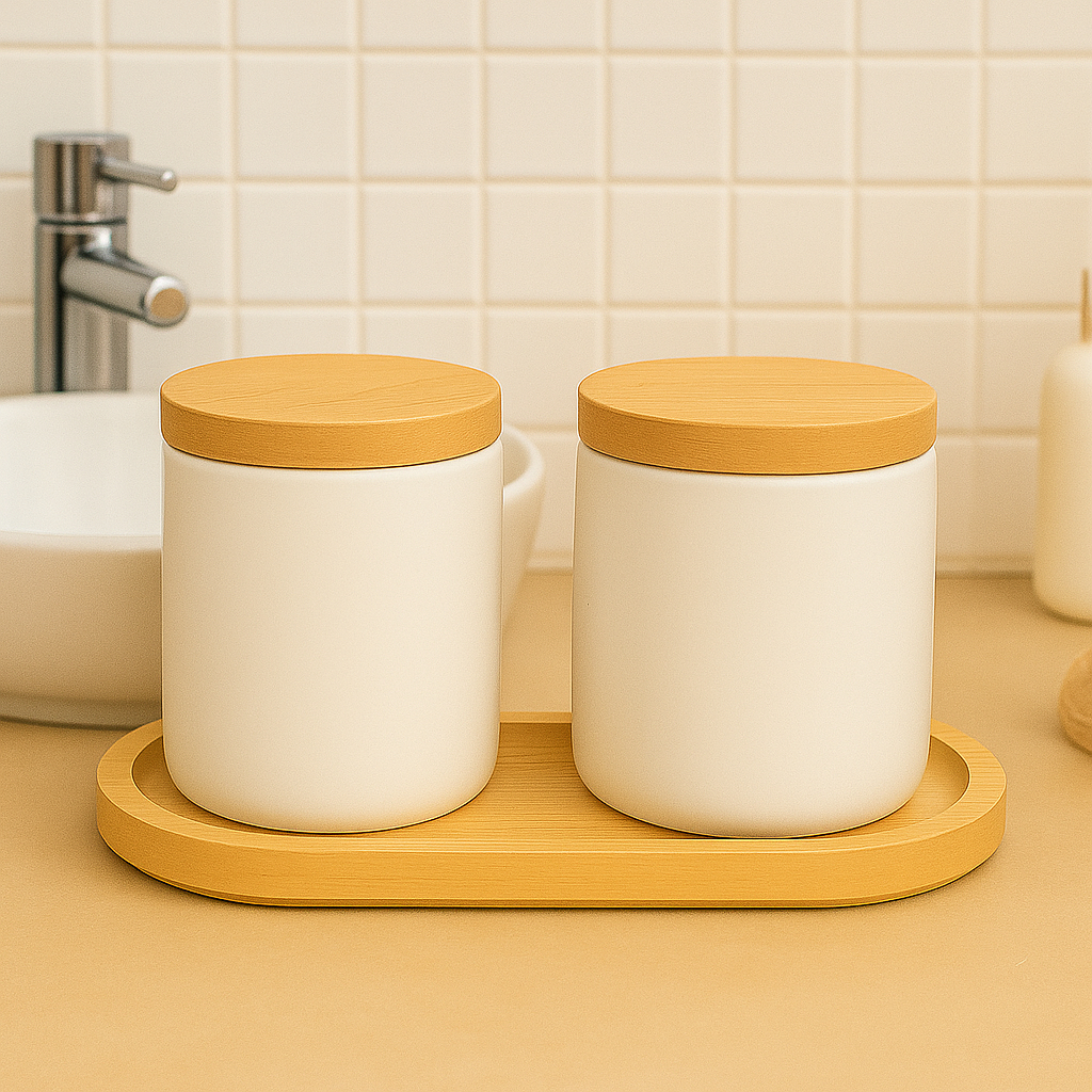 Kit Higiene Banheiro Lavabo Porcelana com Tampa de Madeira