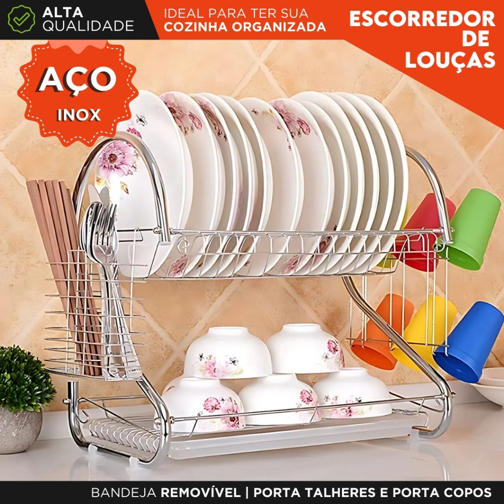 Escorredor de Louças Inox 2 Andares Duplo com Bandeja Porta Talheres e Porta Copos Para Cozinha - SH