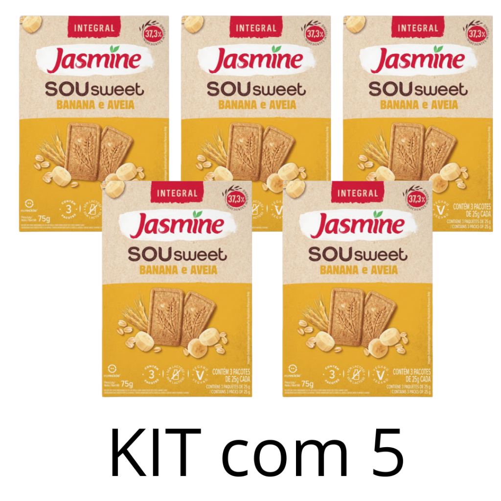 Kit com 5 Biscoitos Sou Sweet Banana e Aveia Integral 75g- Jasmine