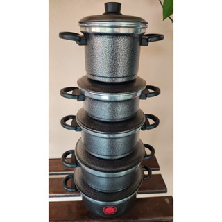 Jogo de Panelas com Tampas de Alumínio Conjunto Kit 5 Peças de Alumínio na Cor Preta Craqueada 14x22 em Oferta na Shopee