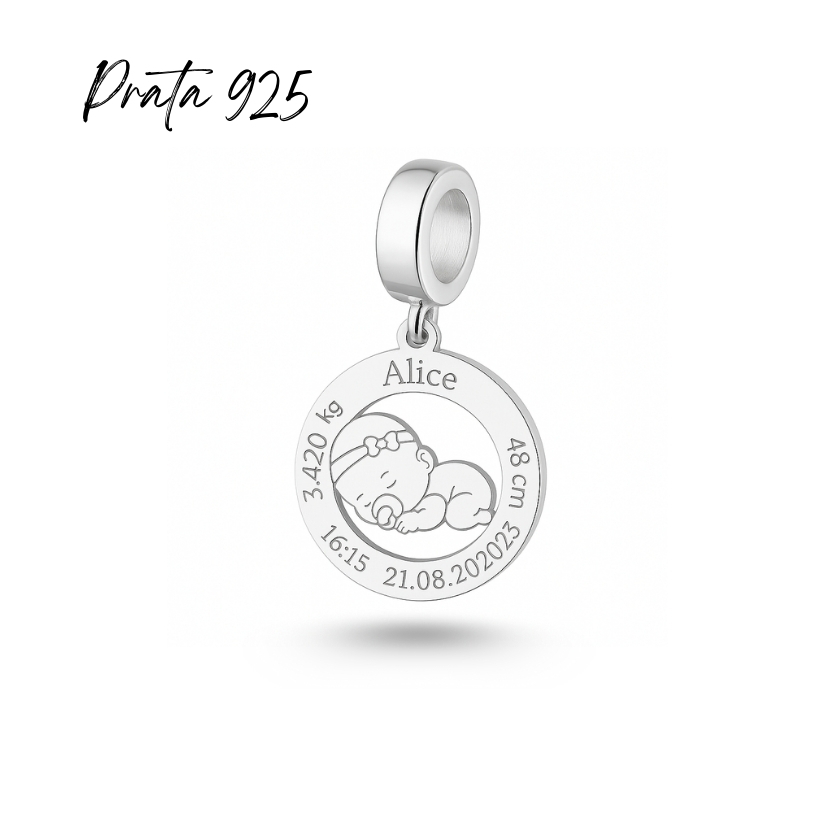 Berloque Dados de Nascimento do Bebê Prata 925 – Dia das Mães