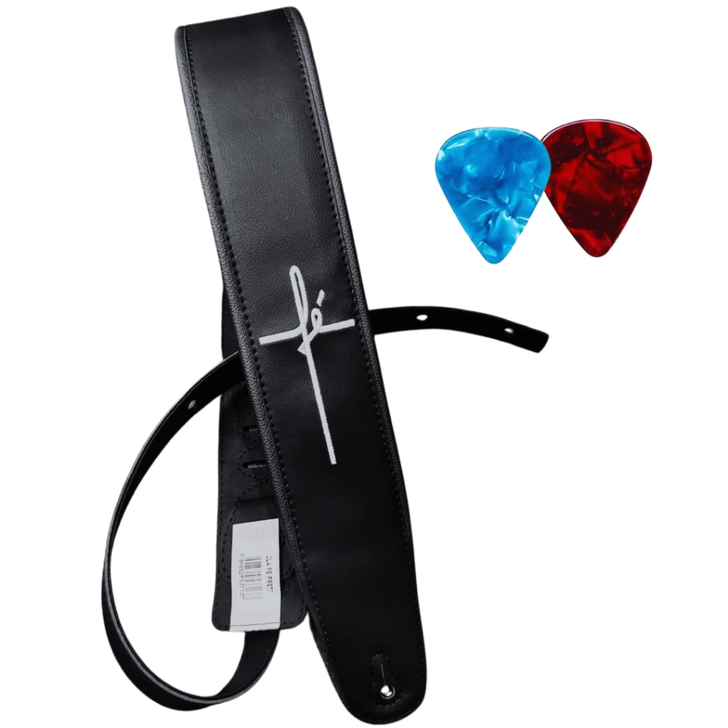 Correia Alça Gospel Guitarra Violão Baixo Acolchoada Bordada - Basso CLA FÉ PRETA+ 2 Palhetas