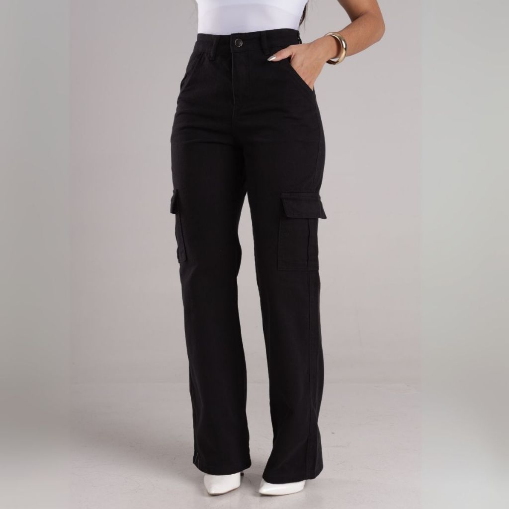 Calça Jeans Wide Leg Preta Cargo Cós Alto Cintura Alta 100% ALGODÃO Feminina Pantalona 6 Bolsos