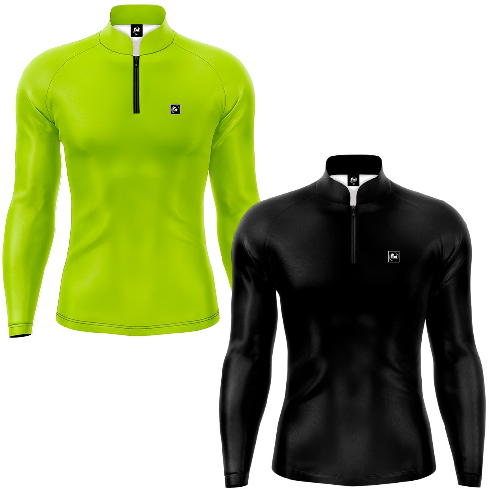 Kit 2 Camisetas Camisa Pesca Básica Com Proteção Solar Cores Verde Limão e Preto