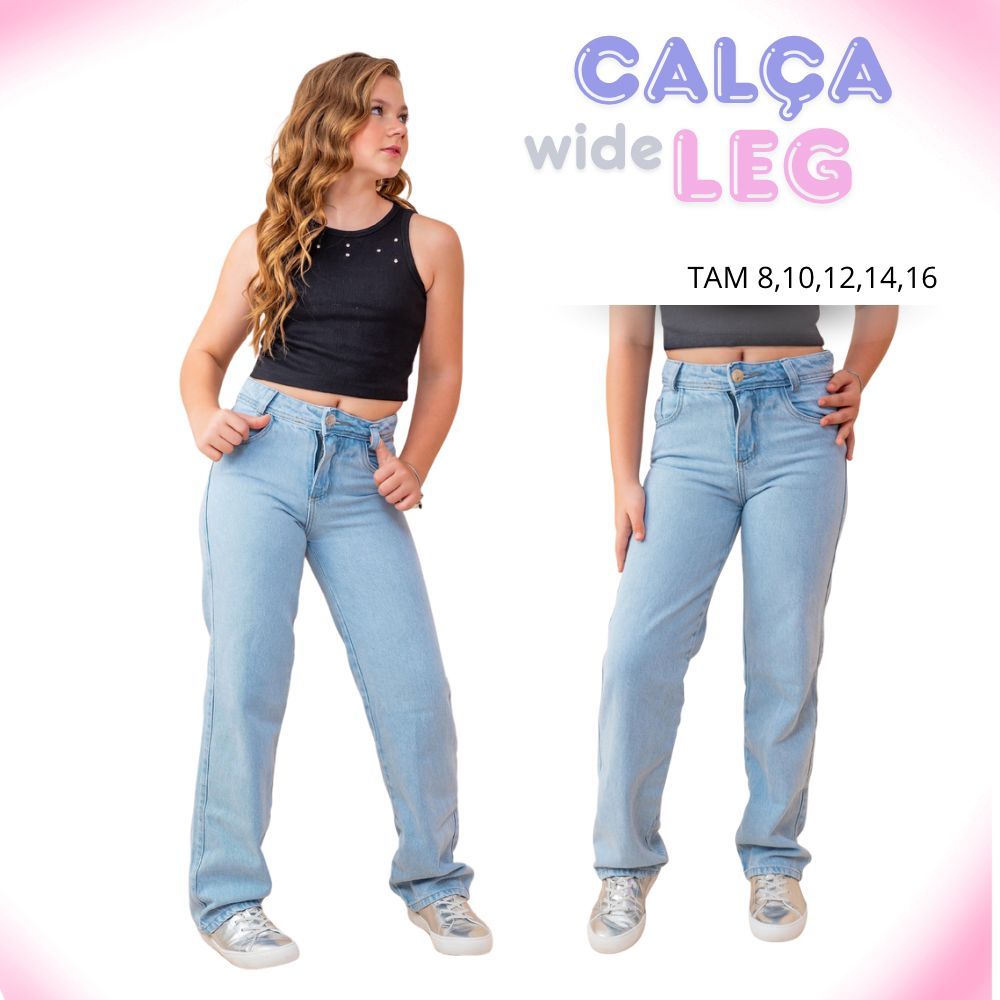 Calça Jeans Infantil Menina Wide Leg Pantalona Marmorizada Clara - 08, 10, 12, 14, 16 Anos.