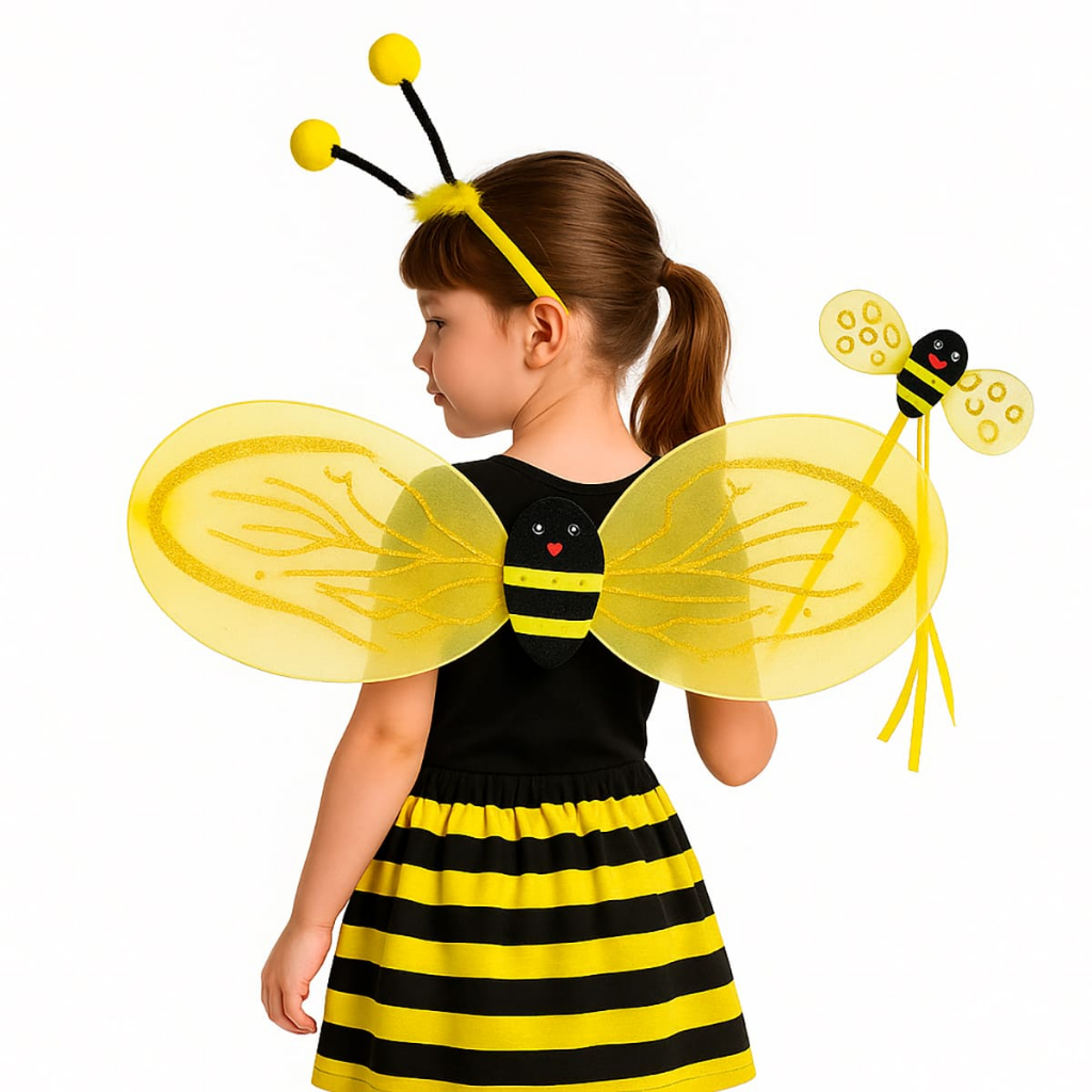 Kit Asa + Tiara + Varinha Abelhinha Acessório para Fantasia Festa Aniversário Infantil