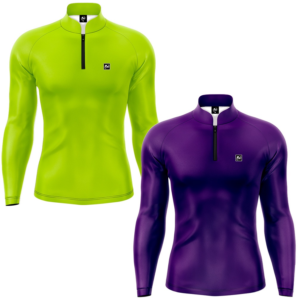 Kit 2 Camisetas Camisa Pesca Básica Com Proteção Solar Cores Verde Limão e Roxo