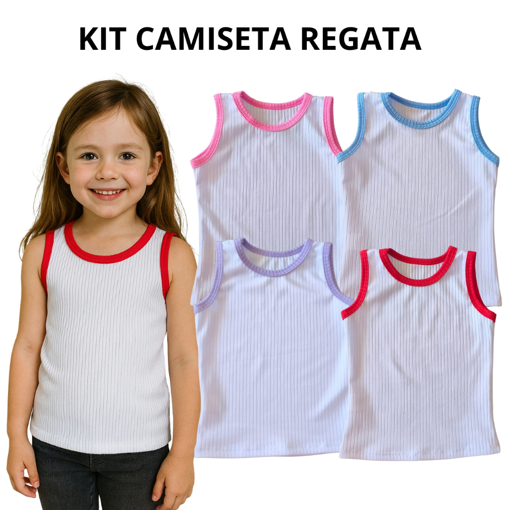 Kit Regatas Menina Verão – Blusinha Infantil em Malha Canelada CORES SORTIDAS