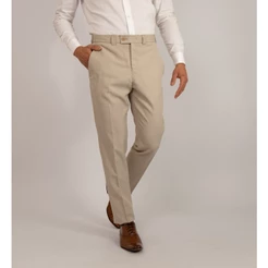 Calça Social Masculina Alfaiataria Slim Areia Textura tipo Linho, Cós Transpassado, Sem Barra