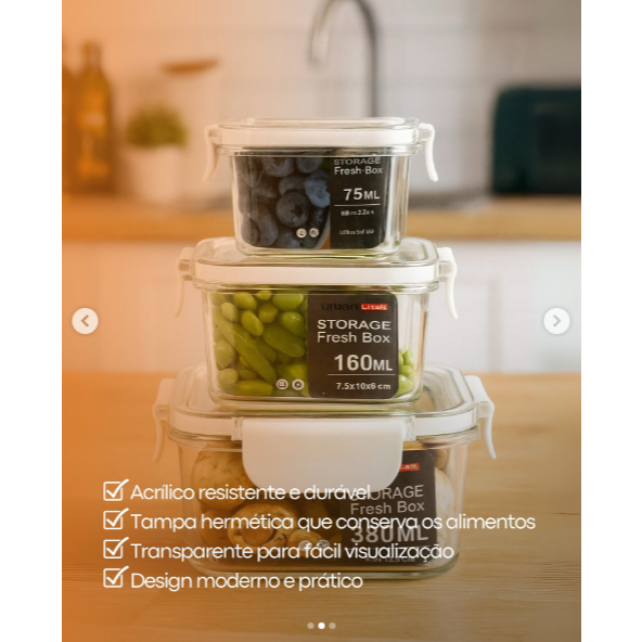 Kit 3 Potes  Hermético Acrílico Organizador de Geladeira Tampa Alta Vedação em Silicone