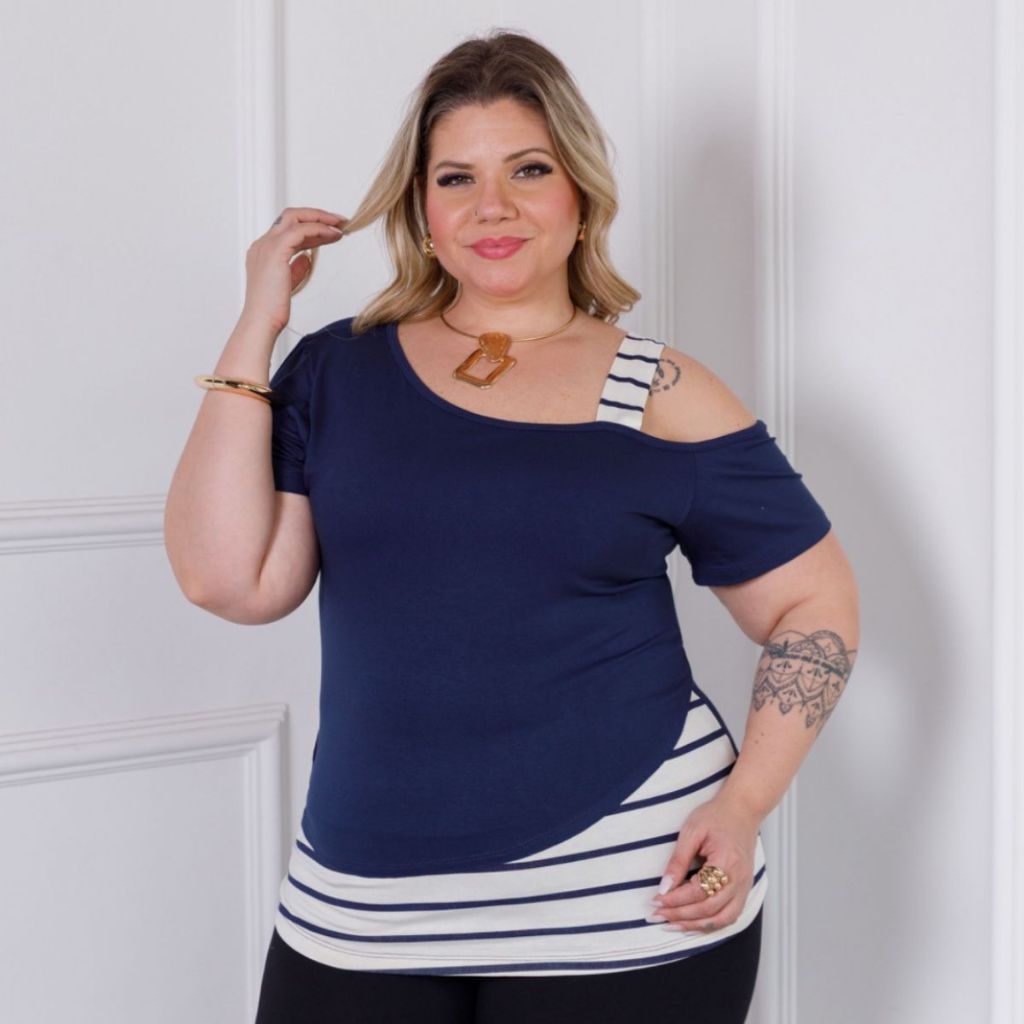 Blusa Shine Manga Curta Verão Plus Size com Barrado em Oferta na Shopee