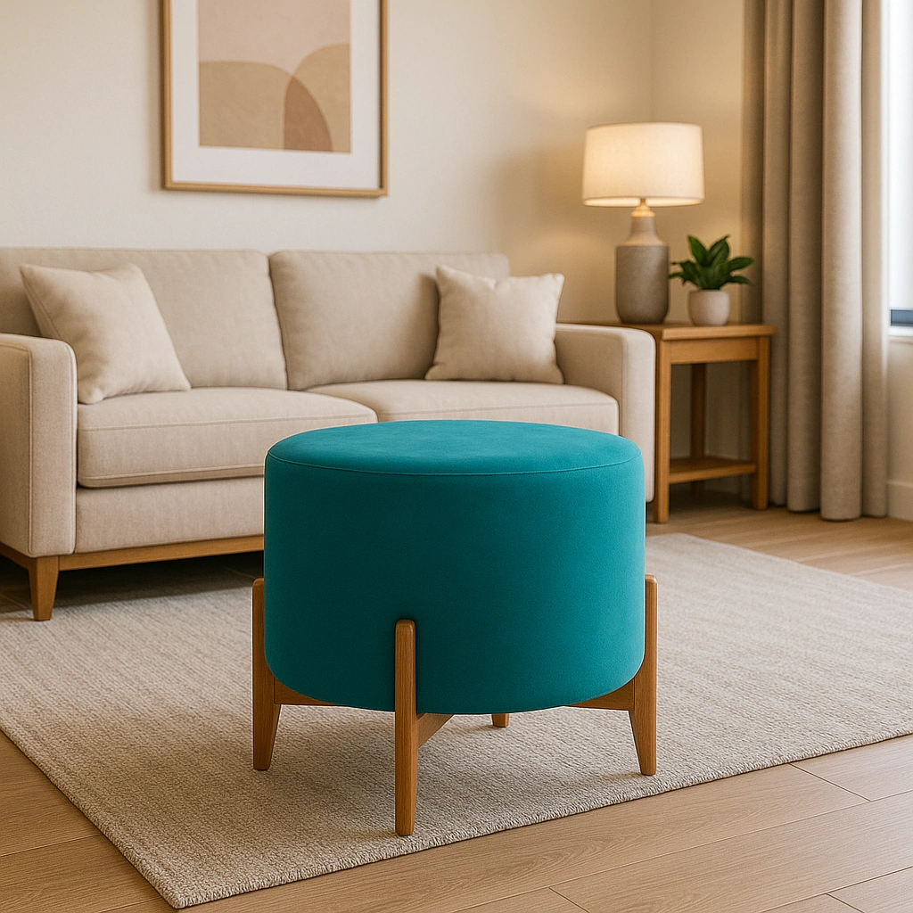 Puff Banqueta Luxo Grande - Pé Madeira- Suede Turquesa - Mesa Centro