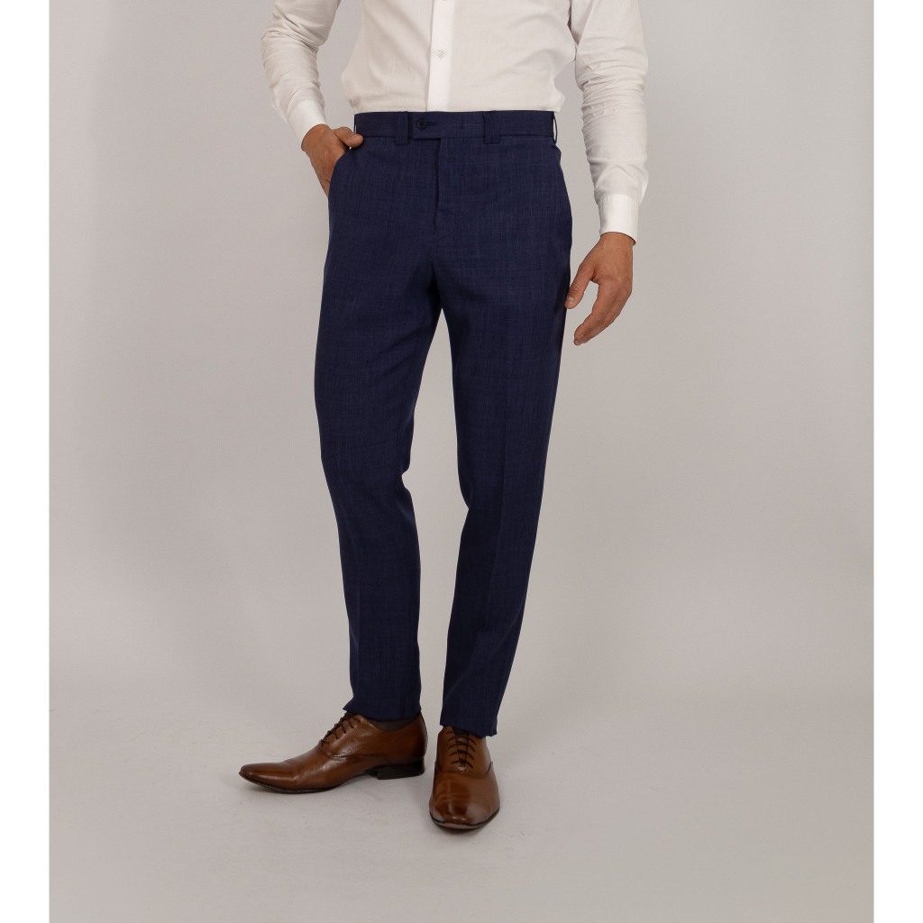 Calça Social Masculina Alfaiataria Slim Azul Marinho Textura tipo Linho, Cós Transpassado, Sem Barra