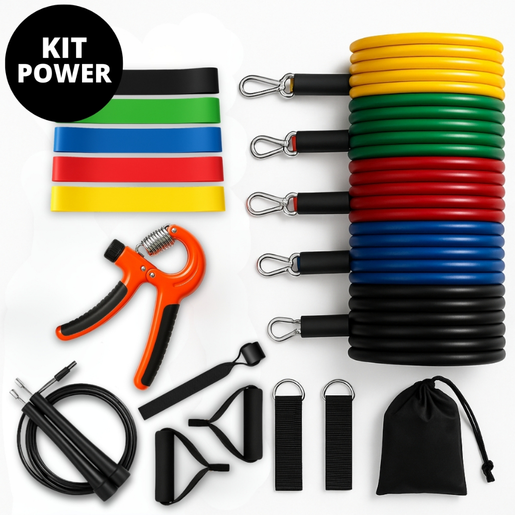 Kit 18 Peças Treinos em Casa Elásticos Extensor Miniband Corda HandGrip Força Exercícios Práticos