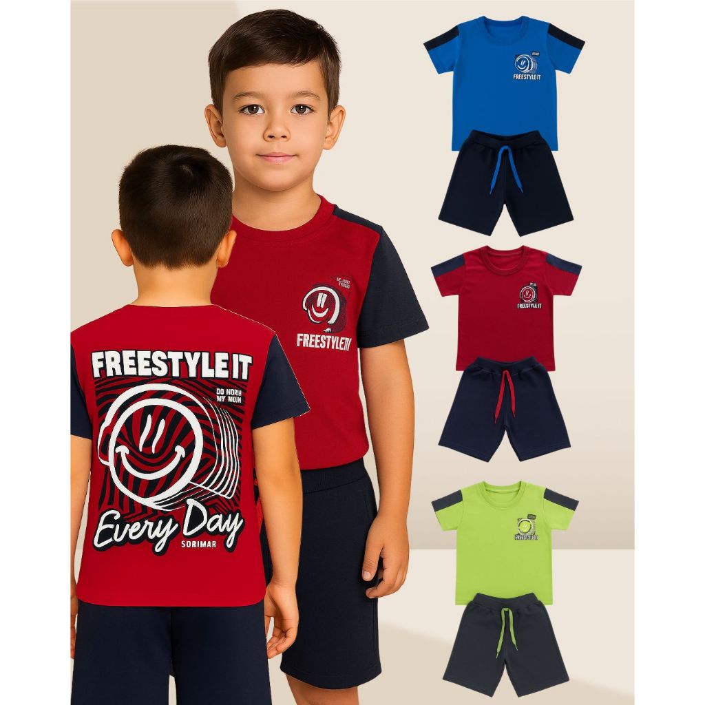 Conjunto Masculino Infantil Estampa Frente e Costa Freestyleit Verão Camiseta e Bermuda