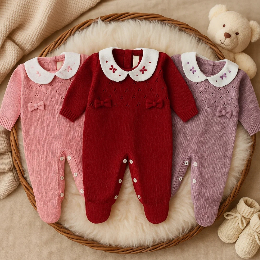 Macacão Tricô Bebê Menina Luxo Maternidade RN com Gola Bordada e Laço em Oferta na Shopee