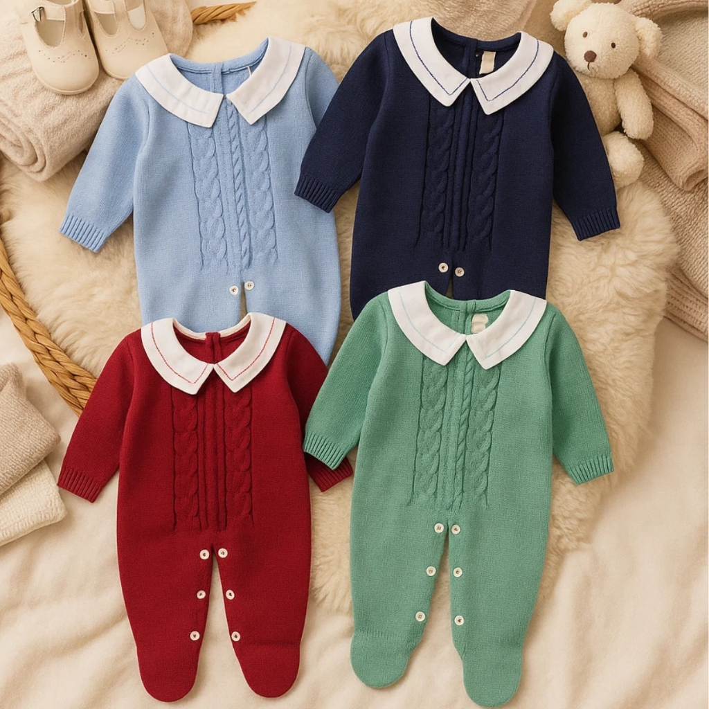 Macacão Tricô Bebê Luxo Menino para Maternidade com Gola