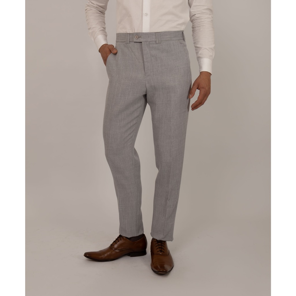 Calça Social Masculina Alfaiataria Slim Cinza Claro Textura tipo Linho, Cós Transpassado, Sem Barra