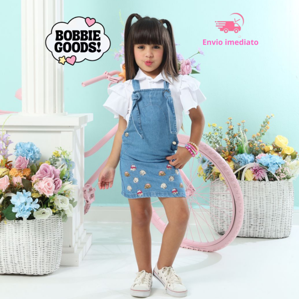 Conjunto Infantil Jardineira Vestido Jeans Ursinhos Menina Blogueirinha Roupa Infantil Estilosa