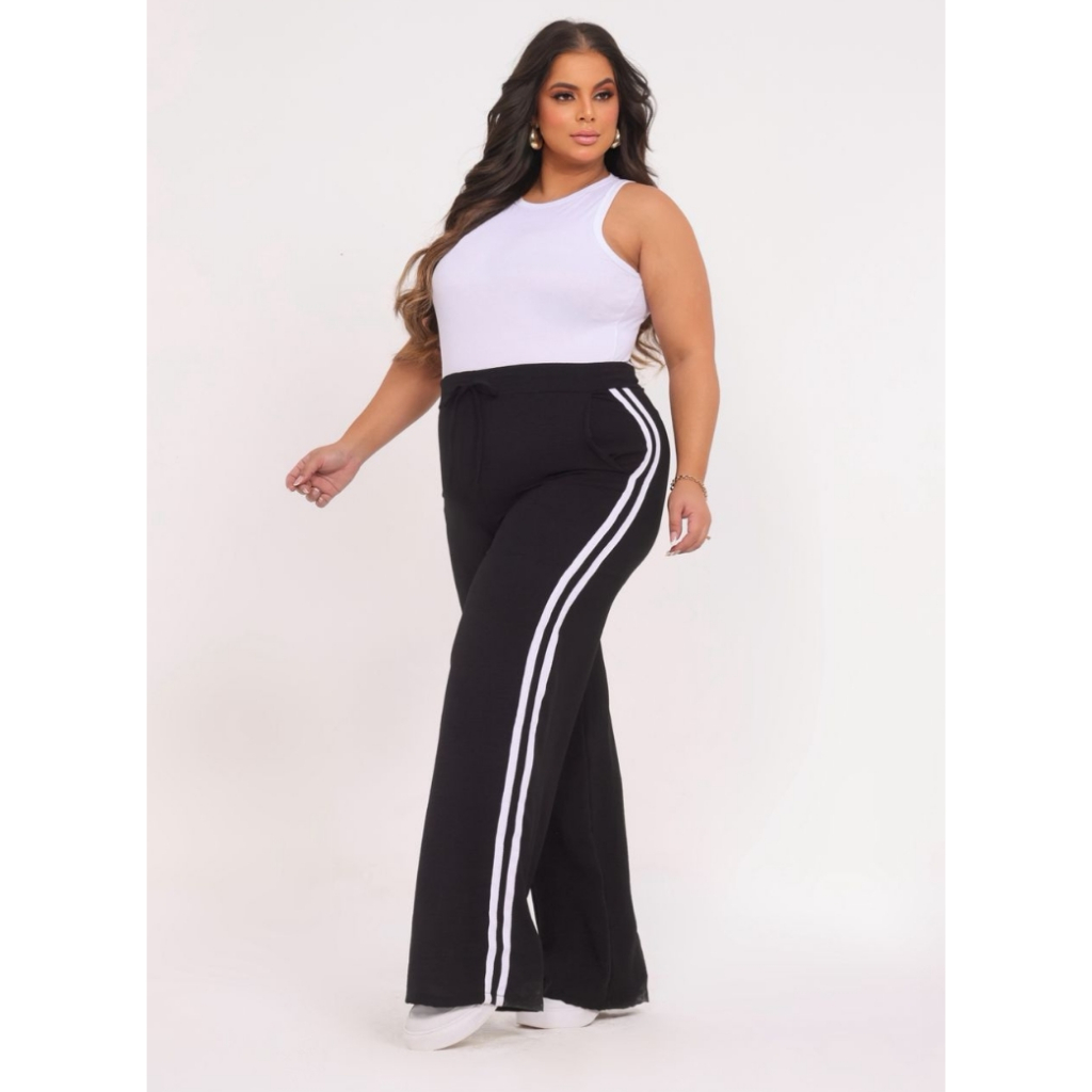 Calça Pantalona Feminina Tecido Duna Elastico Cós Largo Elegante Com Bolso