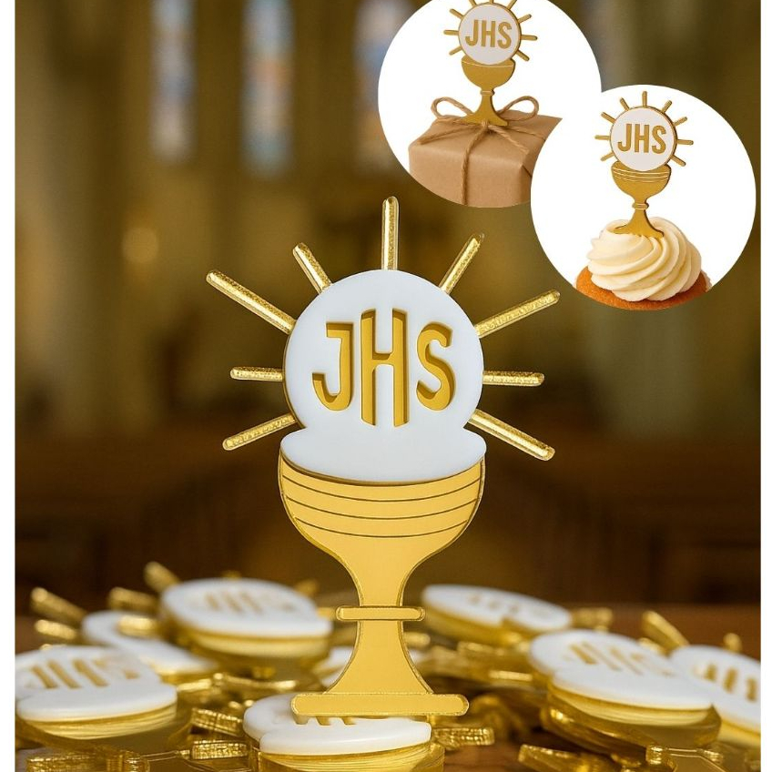 Lembrancinha Personalizada Eucaristia Decoração Primeira Comunhão Aplique Cálice JHS Lembrança Igreja Católica