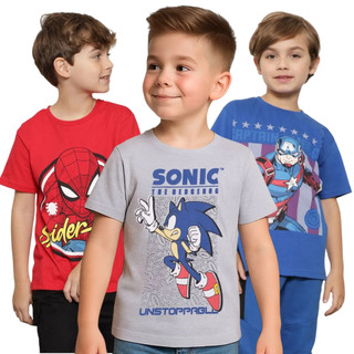 Kit 5 Camisetas Infantil Masculina Manga Curta 100% Algodão Personagens 2 à 8 Anos
