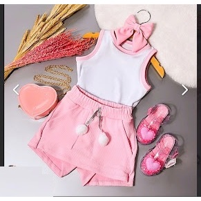 Conjunto para Meninas e Tween Infantil e Juvenil Cropped Regata e Shorts Saia Pompom Caneado Ribana CJI001