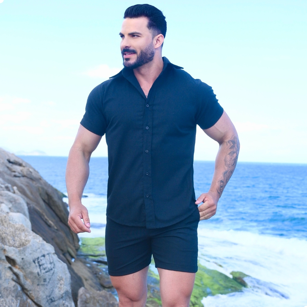 Conjunto Casual Estiloso Verão Praia Camisa Mauricinho + Bermuda Masculina em Linho