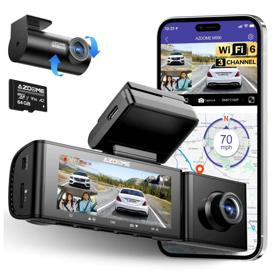 Câmera Veicular Nova Azdome M590 Com 3 Câmeras + Cartão de 64gb GPS